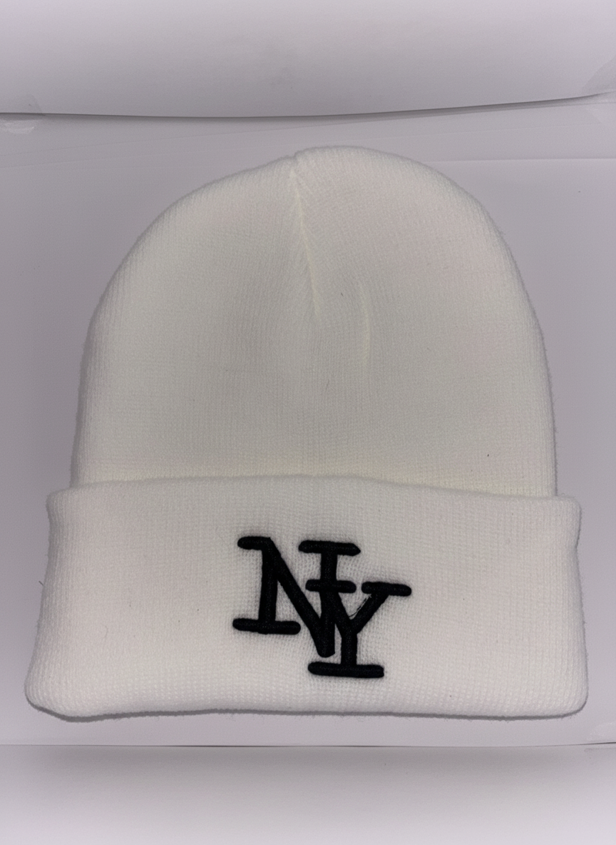 NY Bestickte Wintermütze – Unisex Beanie, Weiß